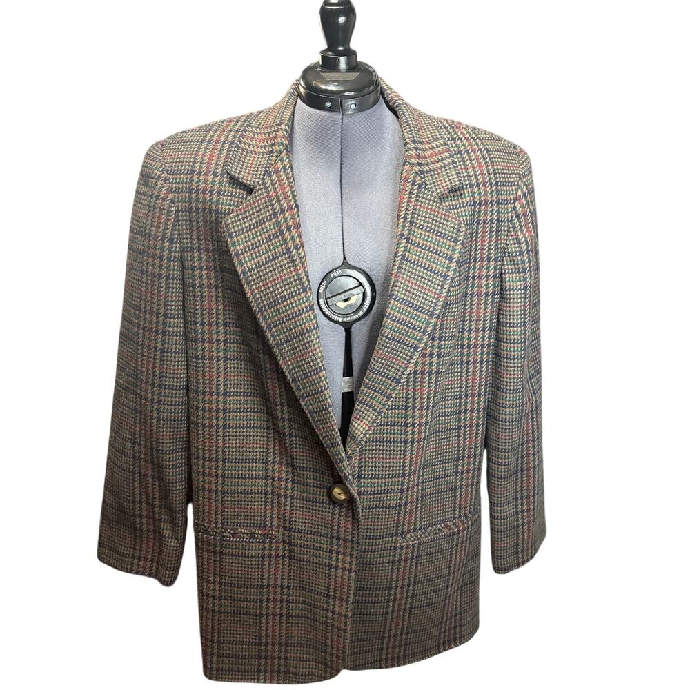 Vintage Sag Harbor Wool Blend Plaid Tweed Blazer Sz 12 Brown Lined Single Button